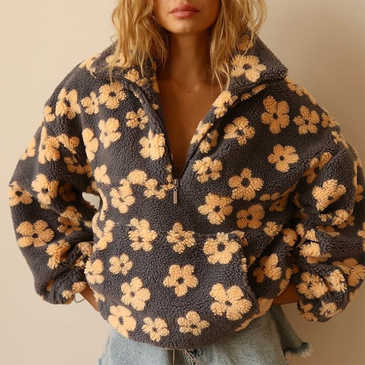 Mabli | Women's Oversized Floral Teddy Fleece Jacket with Half Zip