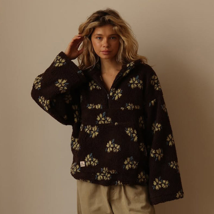 Mabli | Women's Oversized Floral Teddy Fleece Jacket with Half Zip
