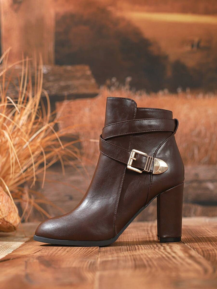 Lucia | Heeled Leather Ankle Boots with Crossover Buckle Strap