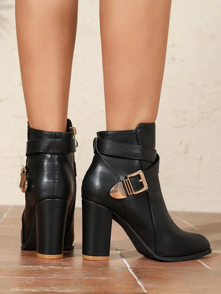 Lucia | Heeled Leather Ankle Boots with Crossover Buckle Strap