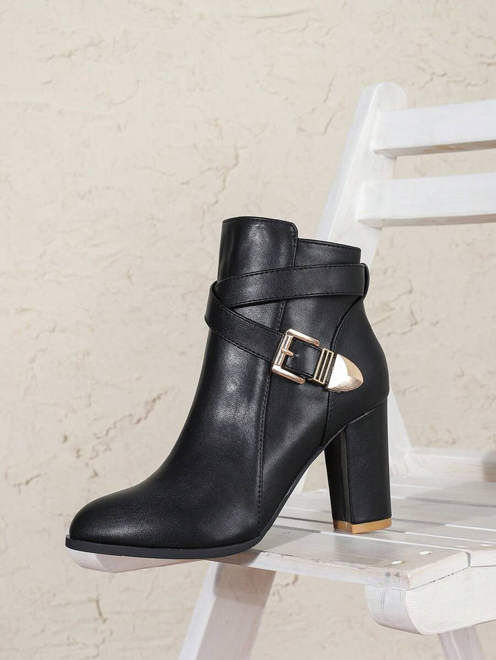 Lucia | Heeled Leather Ankle Boots with Crossover Buckle Strap