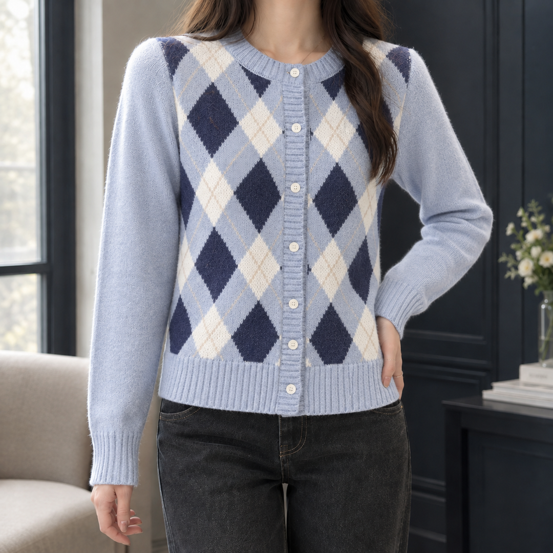 Alina | Heritage Argyle Cardigan with Round Neck and Cream Buttons