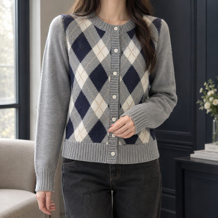 Alina | Heritage Argyle Cardigan with Round Neck and Cream Buttons