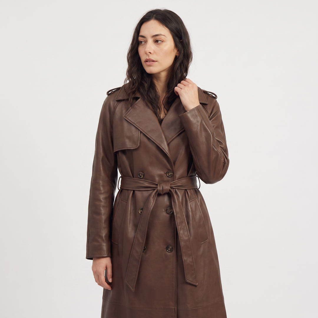 Elspeth | Women's Belted Faux Leather Midi Trench Coat