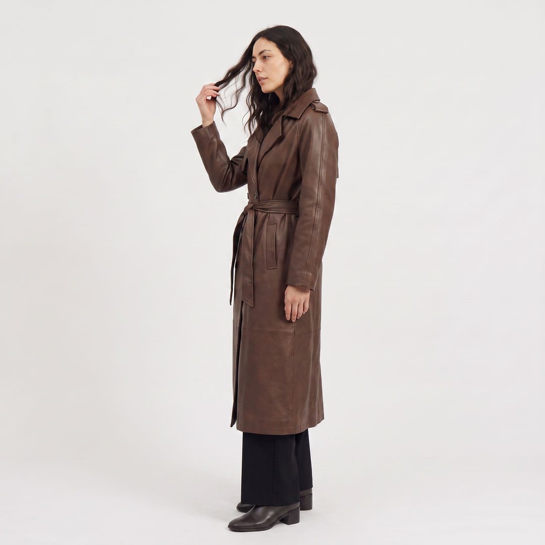Elspeth | Women's Belted Faux Leather Midi Trench Coat