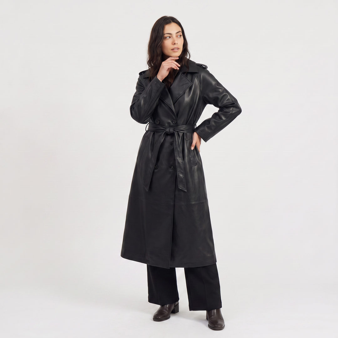 Elspeth | Women's Belted Faux Leather Midi Trench Coat