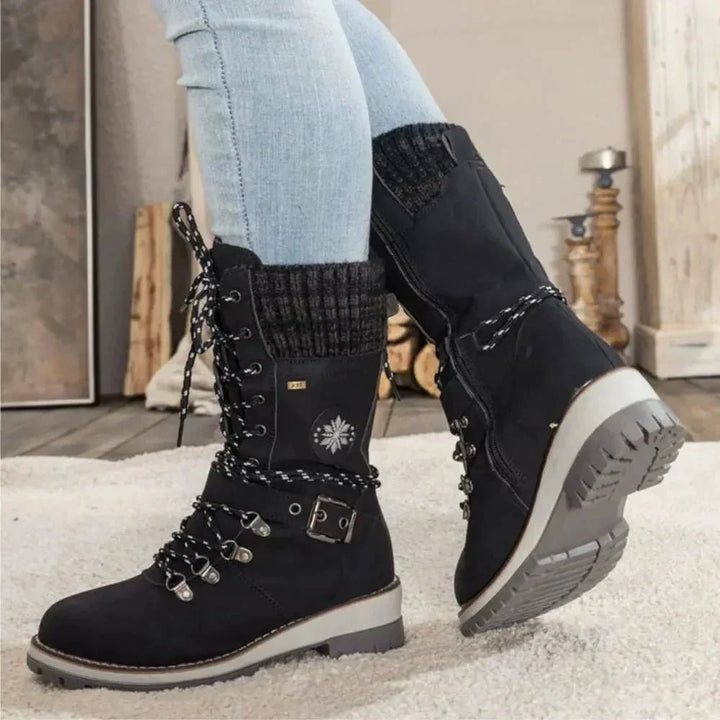 Brinley | Insulated Lace Up Winter Boots with Knit Cuff and Buckle Detail