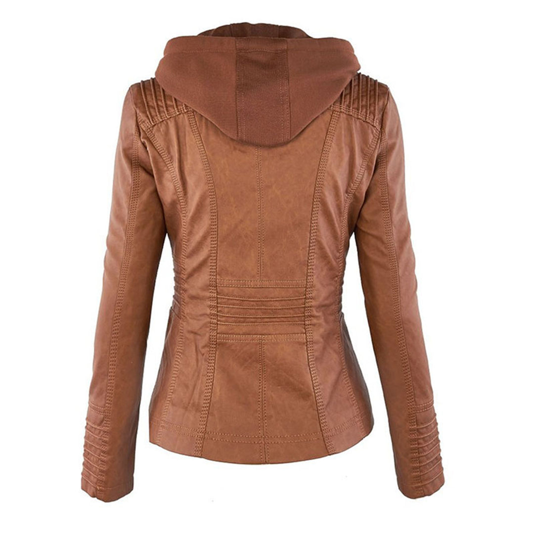 Emily | Women's Leather Biker Jacket with Removable Hood and Zip Detail