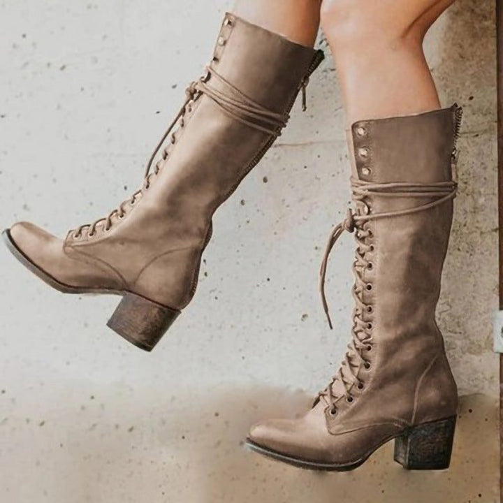 Maliah | Knee High Lace-Up Leather Boots with Block Heel