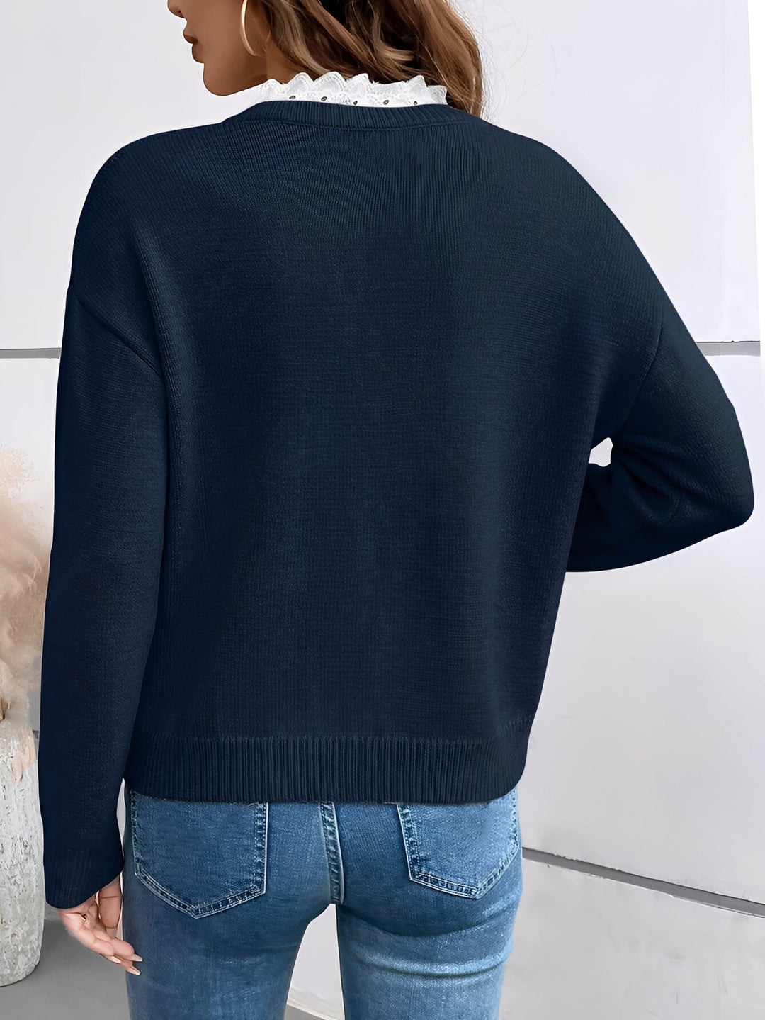 Sky | Knit Sweater with V-Neckline and Lace Trim Detail