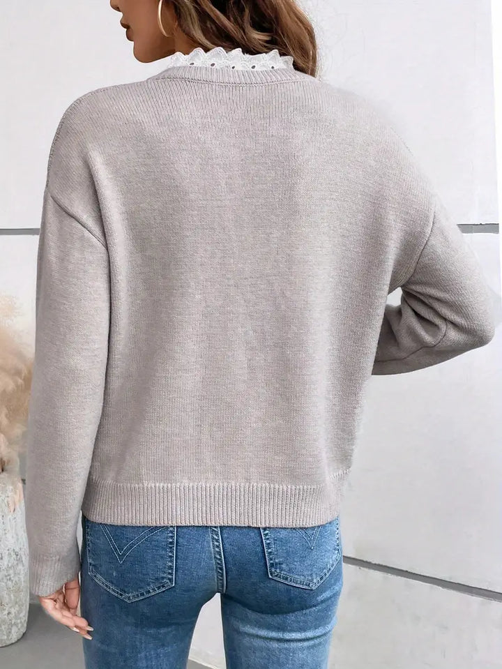 Sky | Knit Sweater with V-Neckline and Lace Trim Detail
