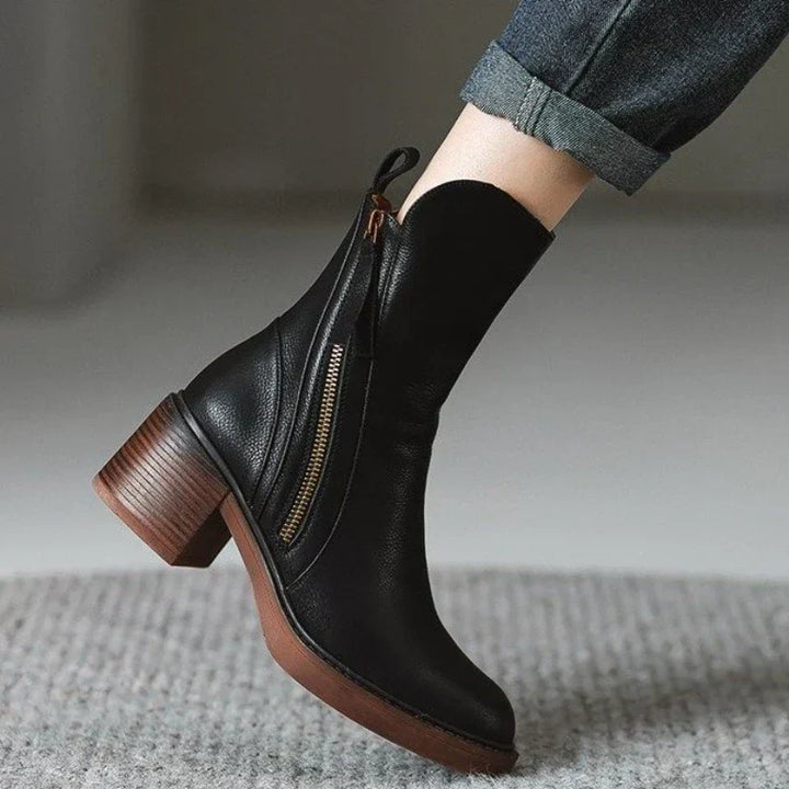 Elora | Leather Heeled Ankle Boots with Block Heel and Tassel Zip