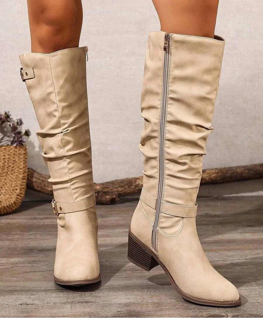 Yara | Leather Knee High Boots with Double Buckle and Block Heel