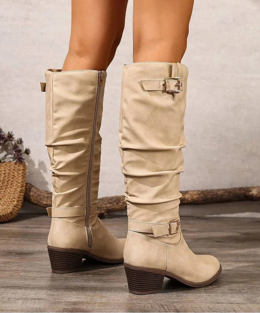 Yara | Leather Knee High Boots with Double Buckle and Block Heel