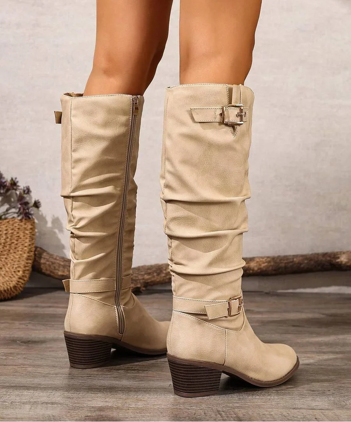 Yara | Leather Knee High Boots with Double Buckle and Block Heel