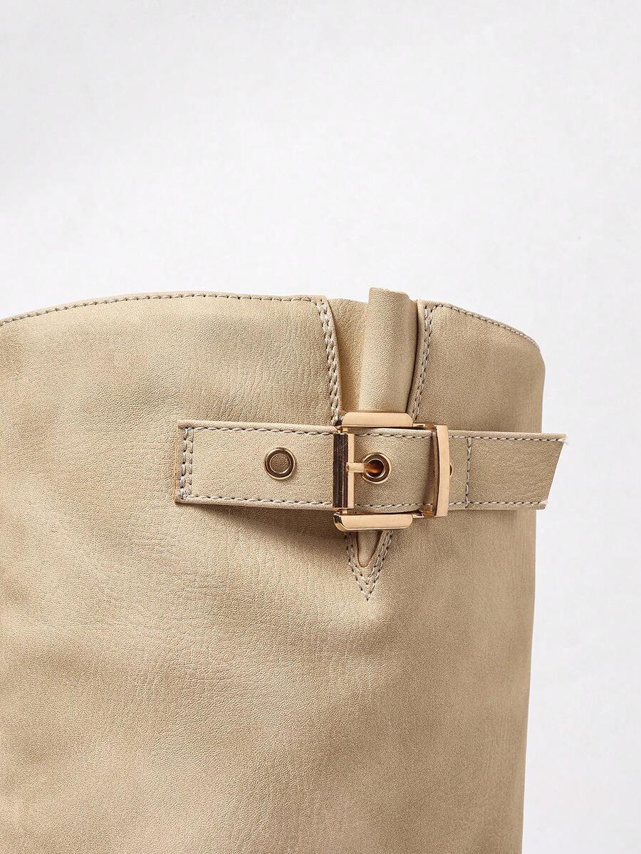 Yara | Leather Knee High Boots with Double Buckle and Block Heel