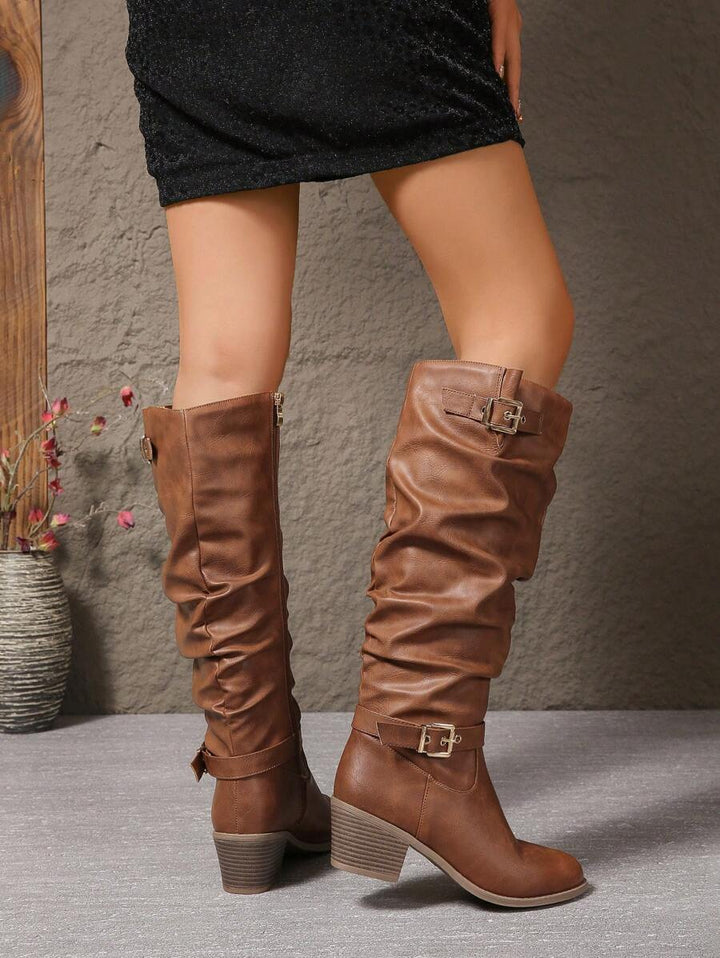 Yara | Leather Knee High Boots with Double Buckle and Block Heel