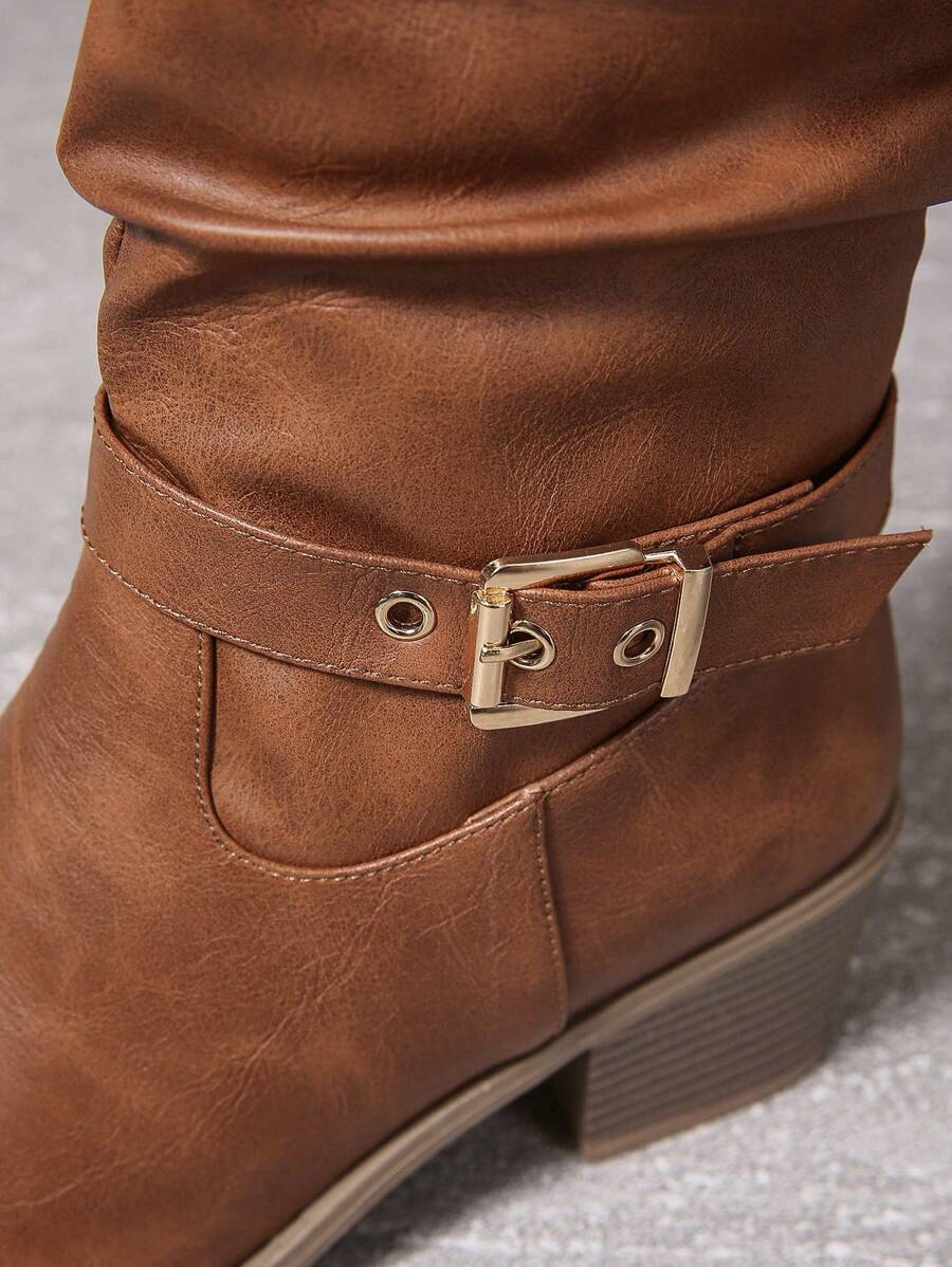 Yara | Leather Knee High Boots with Double Buckle and Block Heel