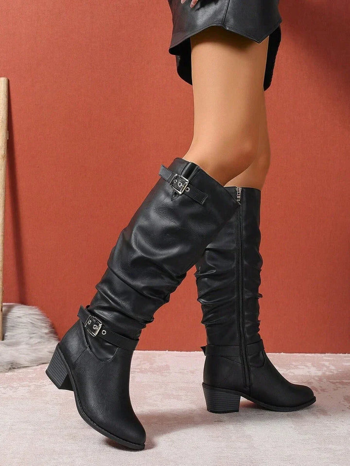 Yara | Leather Knee High Boots with Double Buckle and Block Heel
