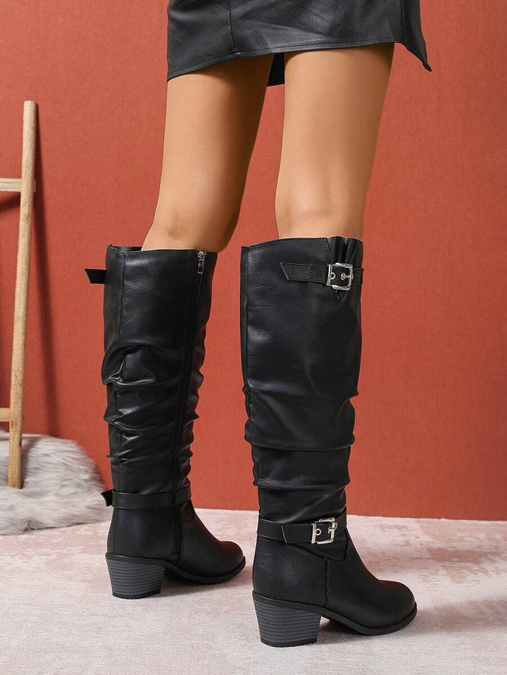 Yara | Leather Knee High Boots with Double Buckle and Block Heel