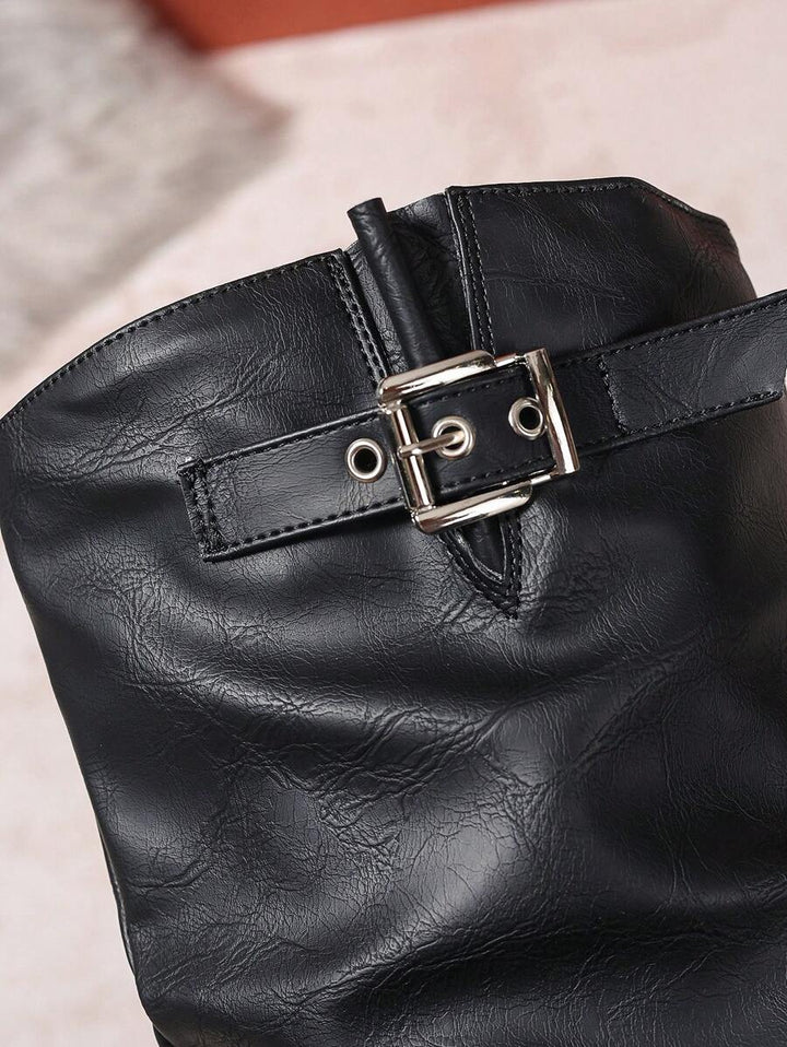 Yara | Leather Knee High Boots with Double Buckle and Block Heel