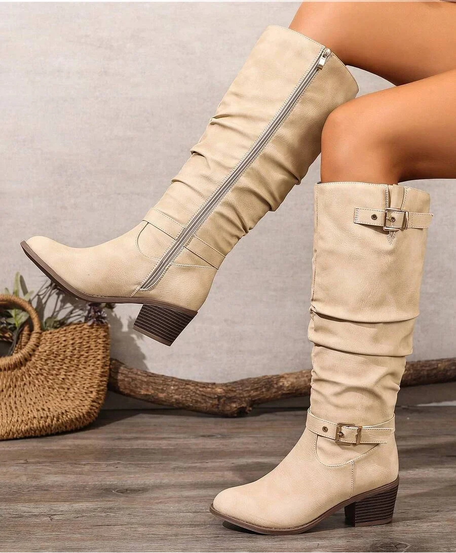 Minahil | Leather Knee High Boots with Double Buckle and Block Heel