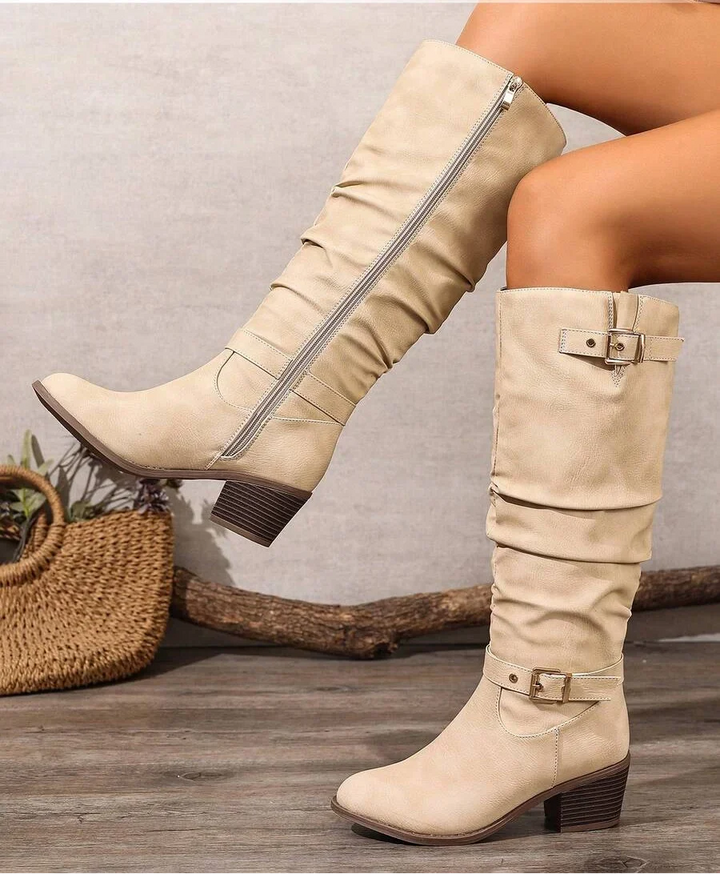 Yara | Leather Knee High Boots with Double Buckle and Block Heel