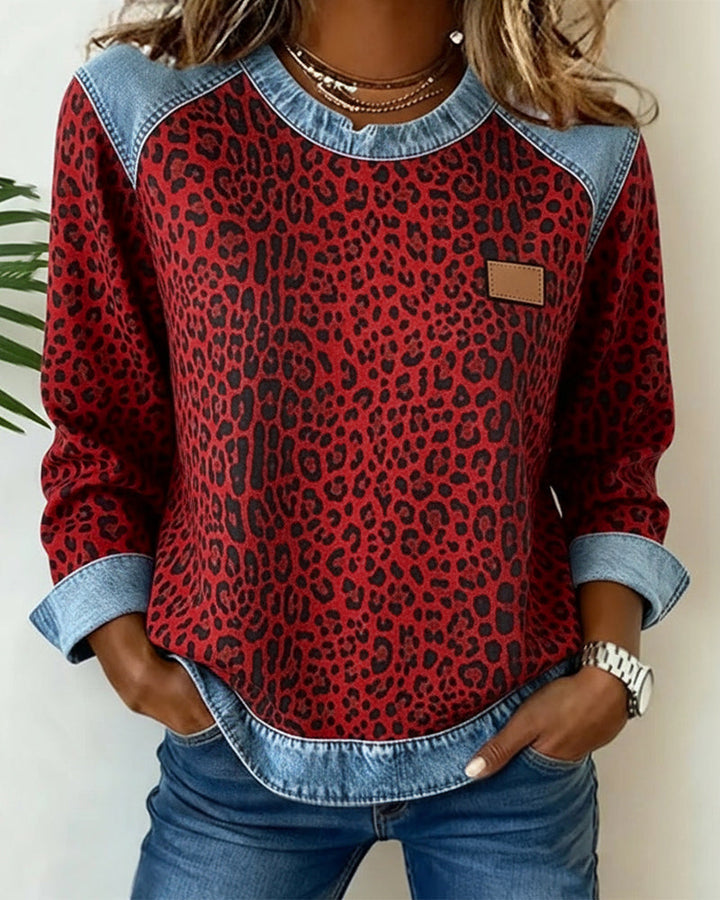 Rhiannon | Leopard Print Sweatshirt with Denim Contrast Panels