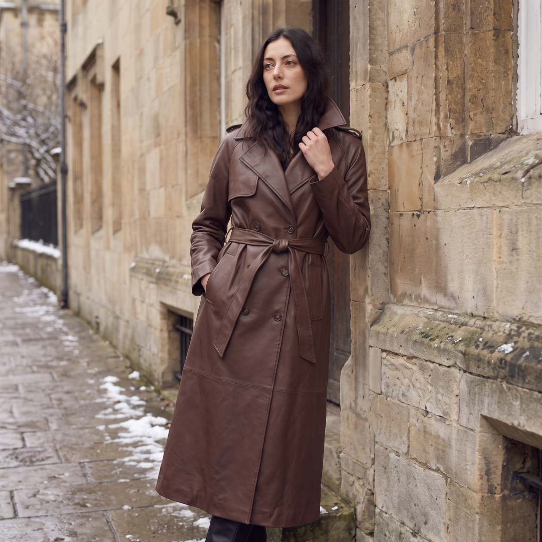 Elspeth | Women's Belted Faux Leather Midi Trench Coat