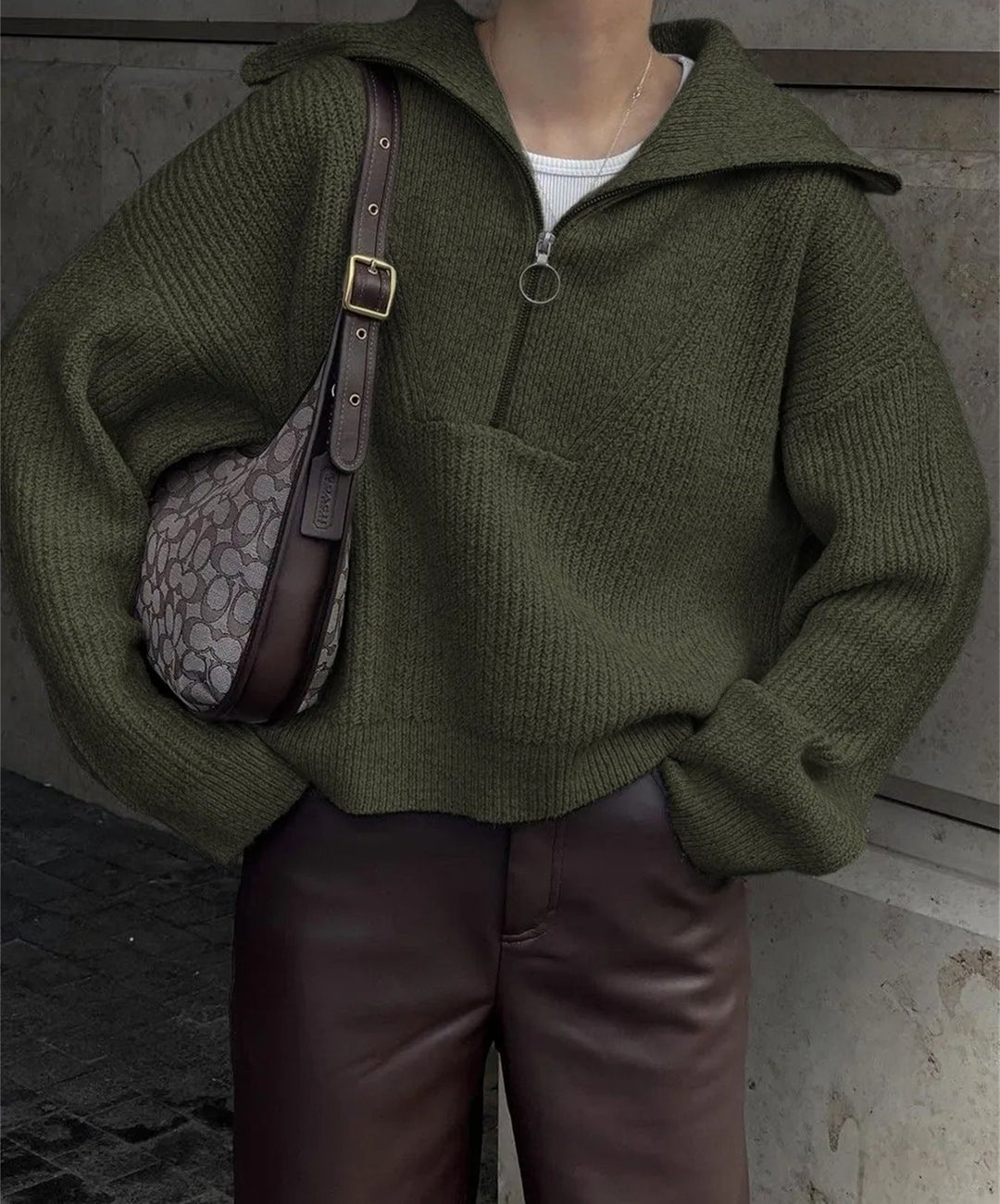 Mercy | Women's Oversized Half Zip Knit Sweater with Wide Collar