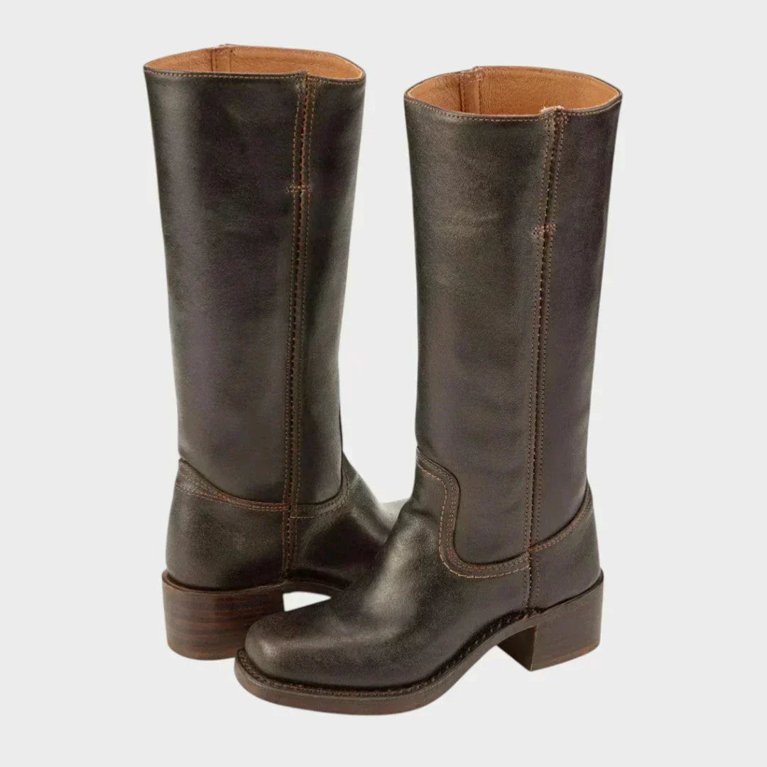 Charlotte | Classic Leather Knee-High Boots with Block Heel