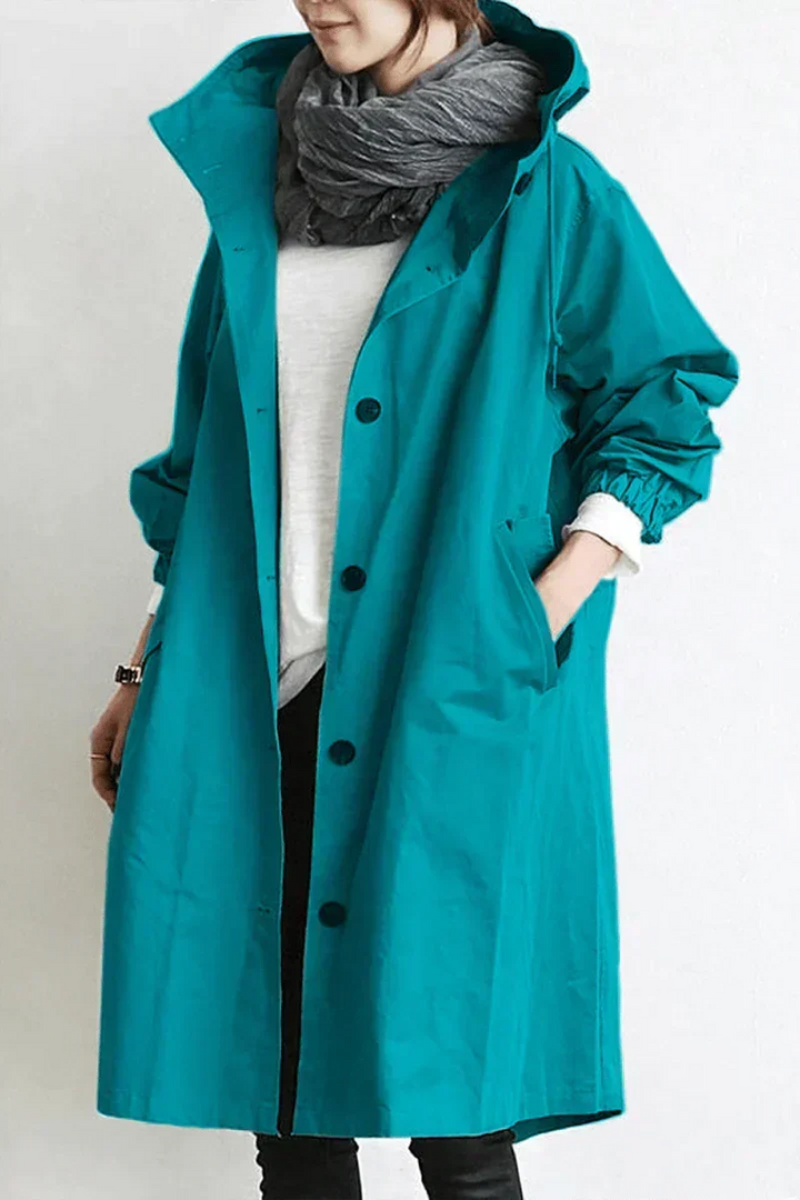 Alayna | Women's Hooded Long Trench Coat with Drawstring High Collar