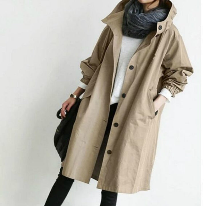 Alayna | Women's Hooded Long Trench Coat with Drawstring High Collar