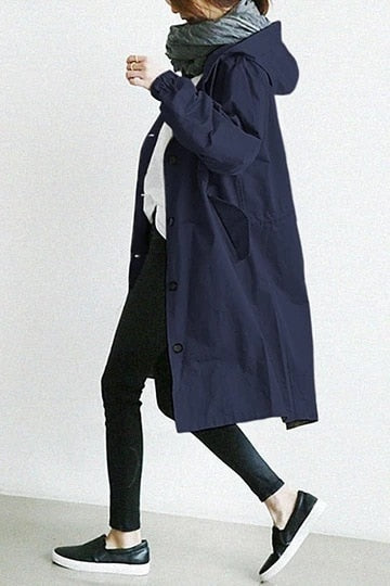 Alayna | Women's Hooded Long Trench Coat with Drawstring High Collar