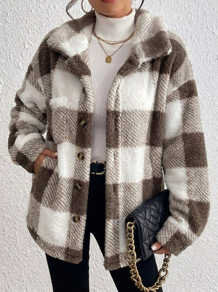 Kenzie | Plush Check Shacket with Gold Button Closure