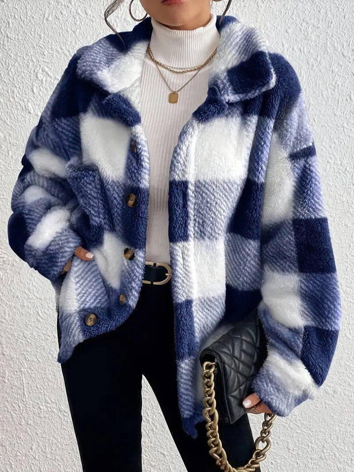 Kenzie | Plush Check Shacket with Gold Button Closure