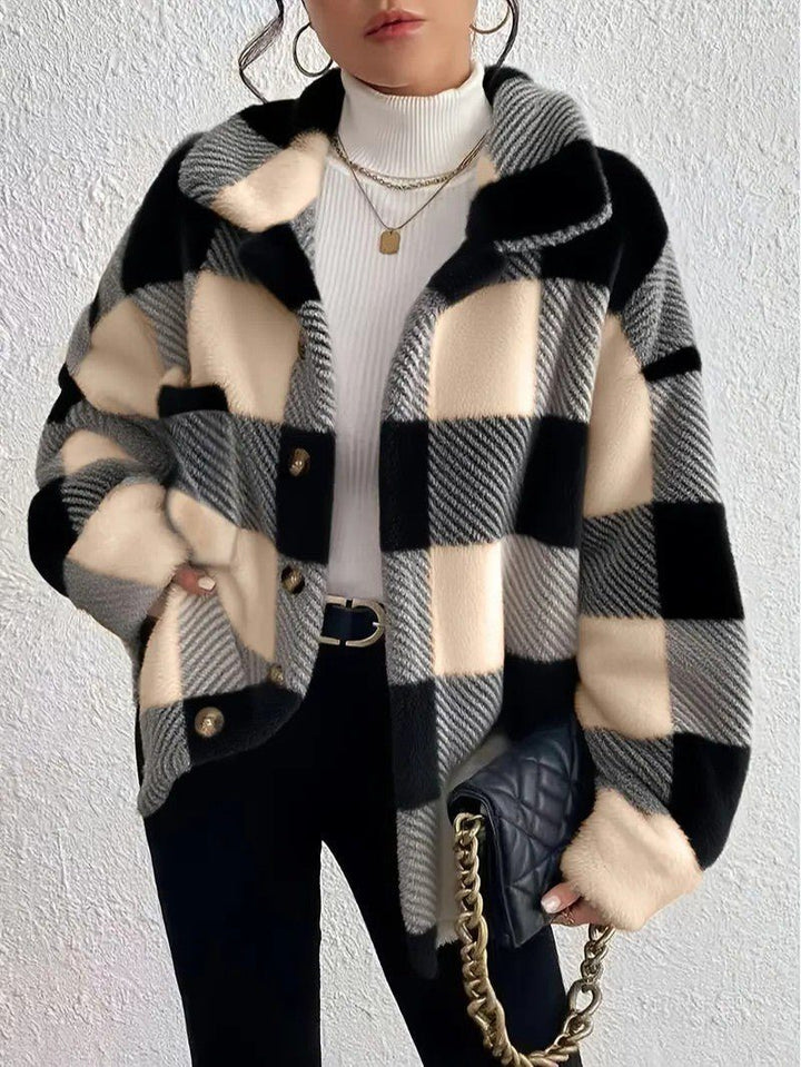 Kenzie | Plush Check Shacket with Gold Button Closure