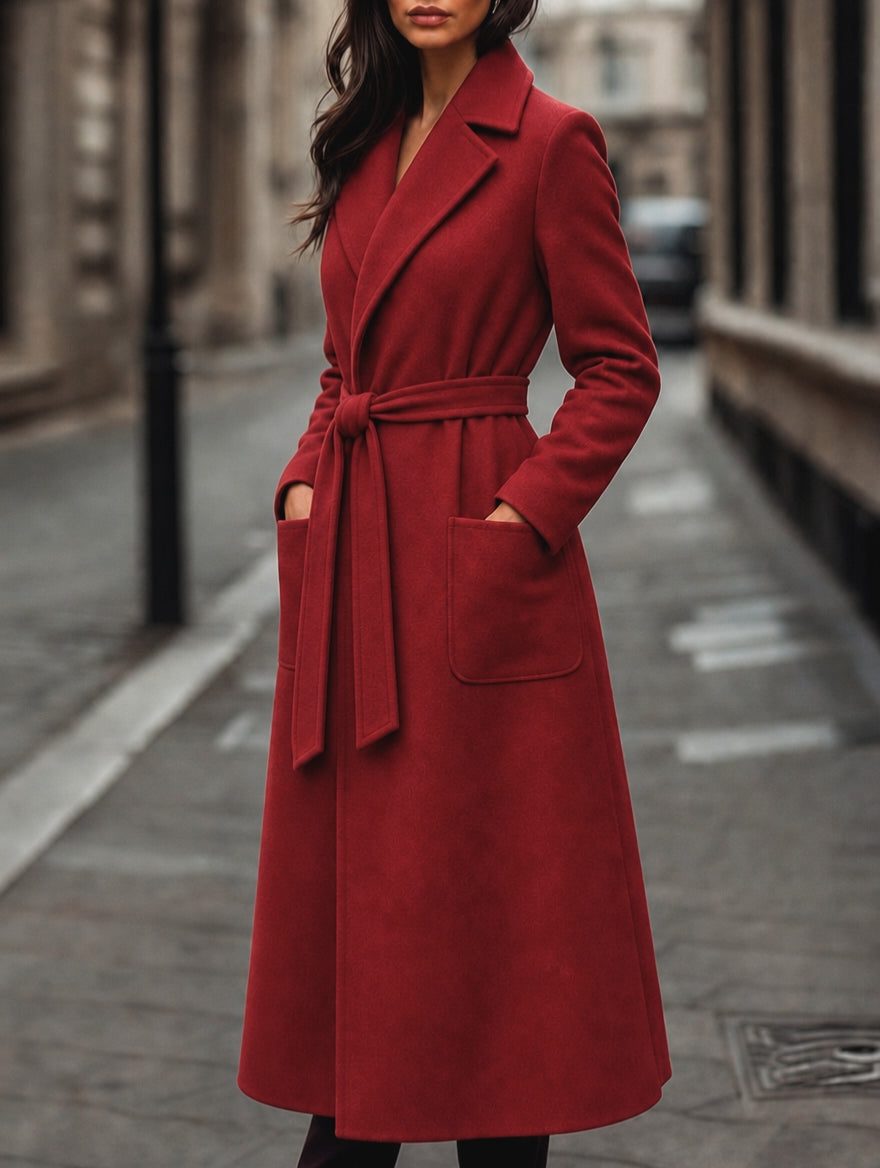 Marlowe | Red Long Belted Wool Coat with Patch Pockets
