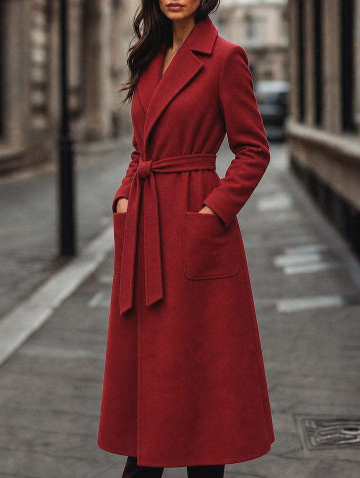 Marlowe | Red Long Belted Wool Coat with Patch Pockets