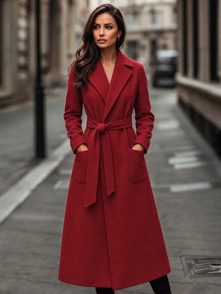 Marlowe | Red Long Belted Wool Coat with Patch Pockets