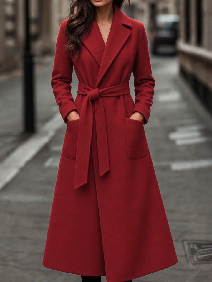 Marlowe | Red Long Belted Wool Coat with Patch Pockets