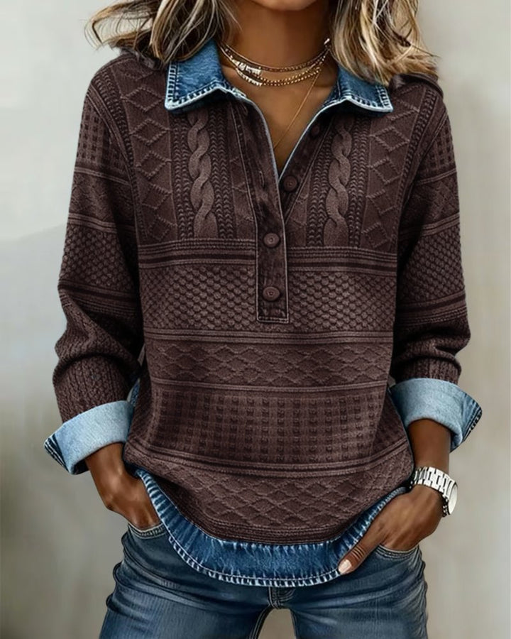 Nadia | Relaxed Cable Knit Sweater with Denim Collar