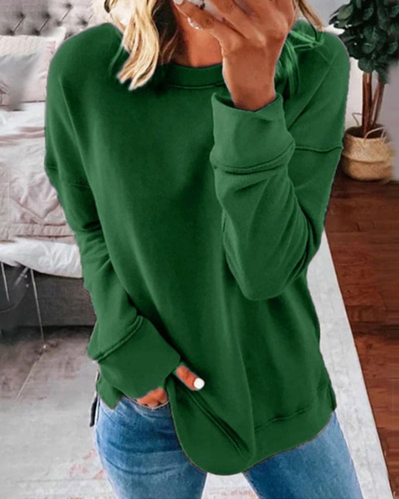 Morwenna | Relaxed Crew Neck Sweatshirt with Curved Hem and Side Slits