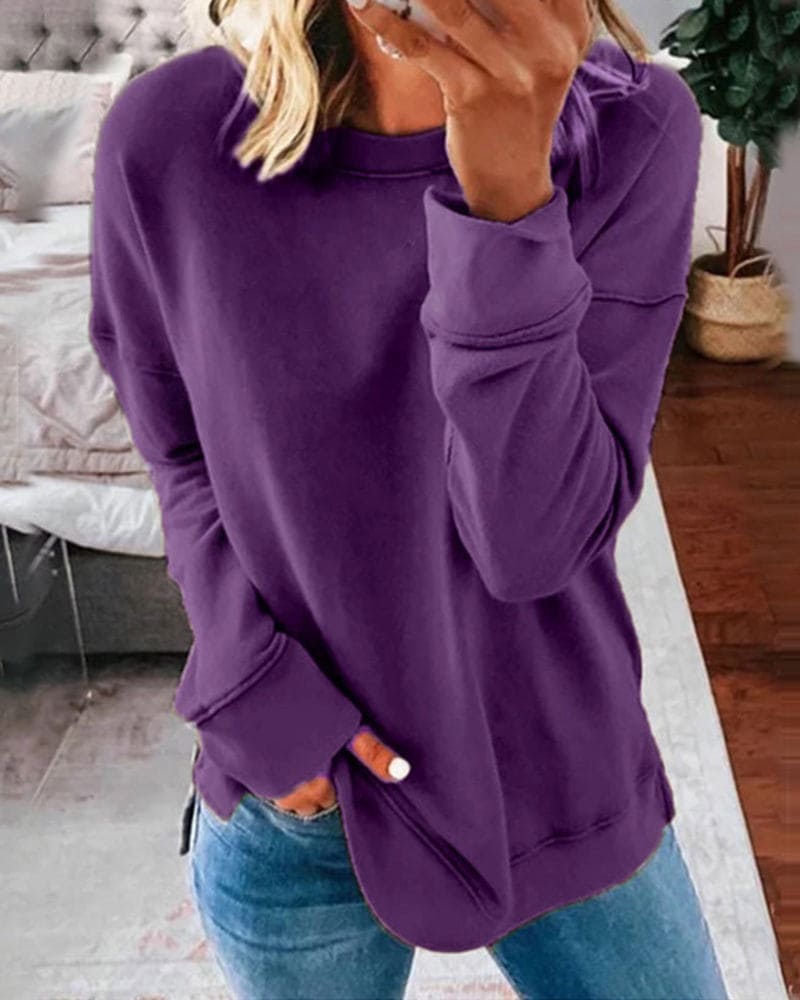 Morwenna | Relaxed Crew Neck Sweatshirt with Curved Hem and Side Slits