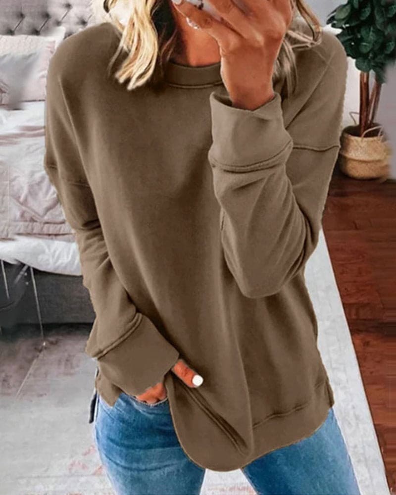 Morwenna | Relaxed Crew Neck Sweatshirt with Curved Hem and Side Slits