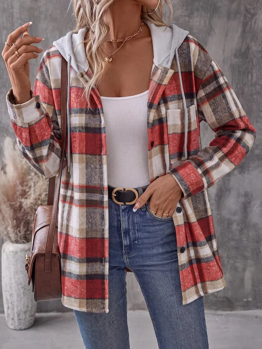 Jenna | Women's Plaid Hooded Shacket with Chest Pocket