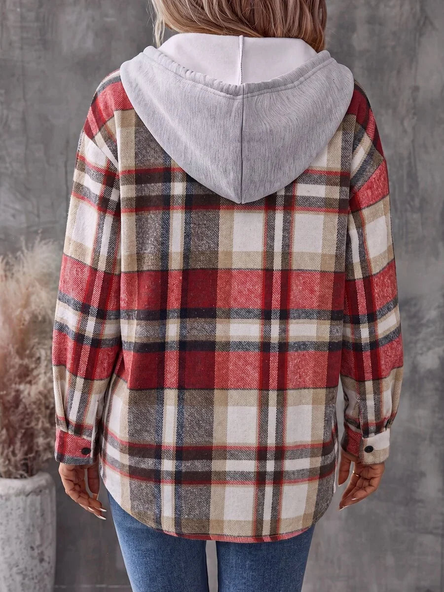 Jenna | Women's Plaid Hooded Shacket with Chest Pocket