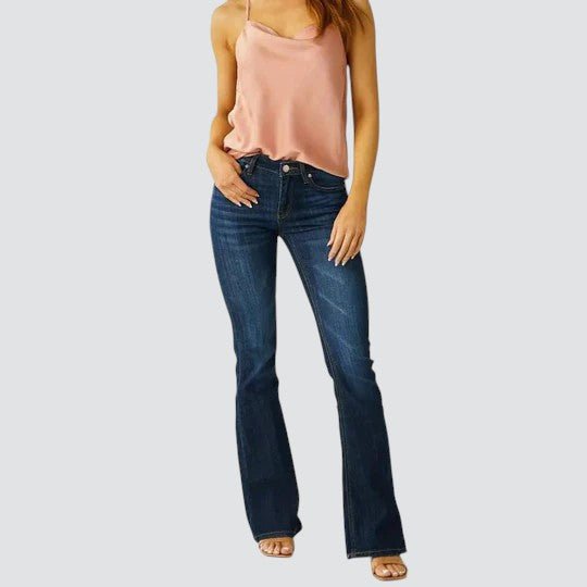 Carrie | Retro Mid Rise Slim Flared Jeans in Dark Wash Stretch Denim