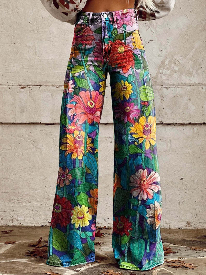 Kiki | Retro Printed Trousers with High Waist and Full Length Flare