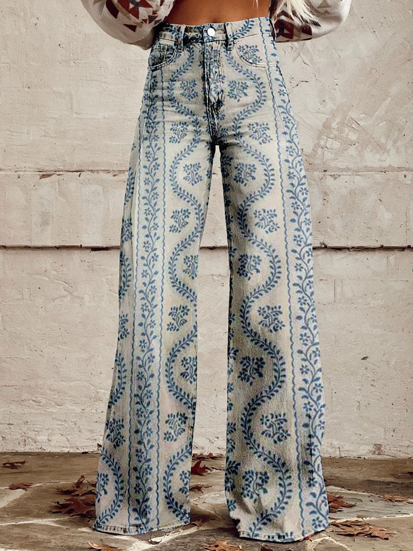 Kiki | Retro Printed Trousers with High Waist and Full Length Flare